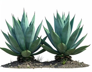 Two agave plants with spiky leaves on soil