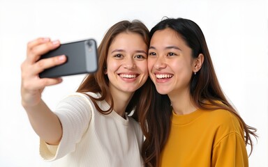 Happy mother and daughter taking selfie on white background. High quality