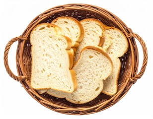 Bread slices stacked in woven basket. Aerial view
