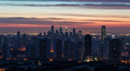 Cityscape at twilight with skyscrapers against a colorful, cloudy sky