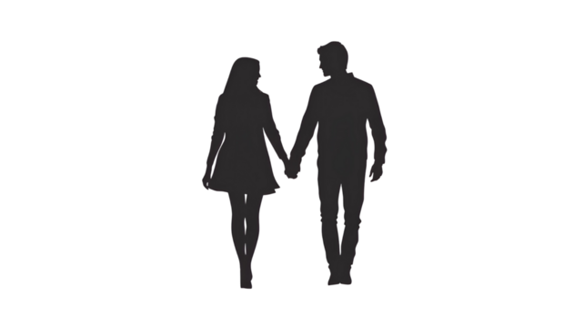 Silhouette of a man and woman holding hands on transparent background