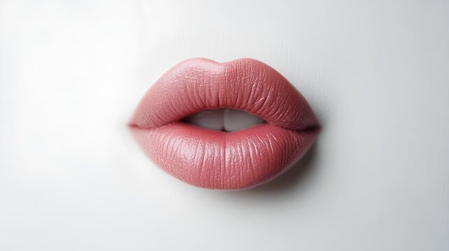 Beautiful pink lips close-up on a white background