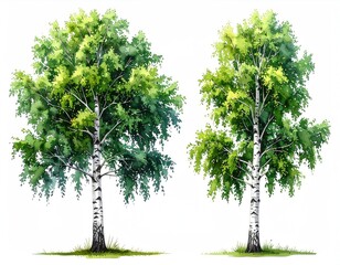 Birch trees, detailed, vibrant green leaves, white bark
