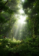 Obraz premium Sunlight streams through the lush canopy of a vibrant, green forest, illuminating the undergrowth.