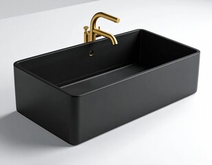 Matte black rectangular sink with a gold faucet on white