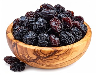 Raisins overflow a wooden bowl, rich dark hue