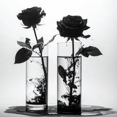 Two dark roses in vases, with ink diffusing in the water