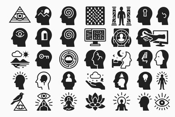 Black Silhouette Icons Set on Consciousness, Awareness, and Human Mind