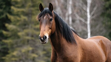Majestic Brown Horse Stands Gracefully in Lush Green Forest Scene