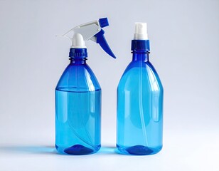 Two blue spray bottles, one with trigger, on gray background
