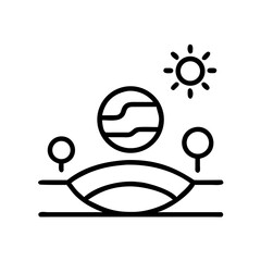 Line art illustration of planet with trees and sun in nature  