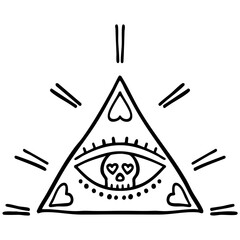halloween festival.triangle with an eye and skull, symbolizing mystery. retro trendy groovy halloween illustration in doodle line style