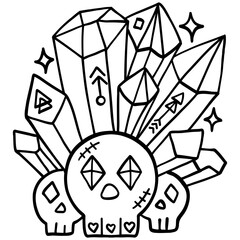 halloween festival.skulls with crystals in a whimsical design. retro trendy groovy halloween illustration in doodle line style