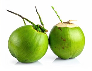 Two fresh green coconuts, one with straw, isolated