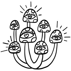 halloween festival.cartoon mushrooms with eyes and hearts, radiating energy. retro trendy groovy halloween illustration in doodle line style
