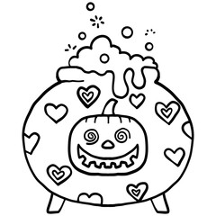 halloween festival. Halloween-themed cauldron with a pumpkin face and hearts. retro trendy groovy halloween illustration in doodle line style