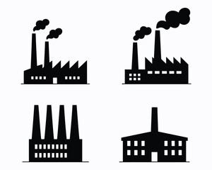 Obraz premium Diverse Industrial Landscapes A Set of Factory Icons Demonstrating Differing Architectural Designs and Environmental Impact Through Varying Smoke Emissions