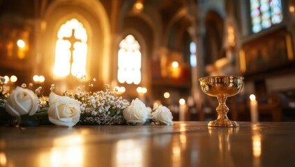 A golden chalice sits on a wooden table adorned with white roses and baby's breath, in a softly lit church interior