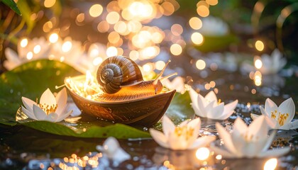 Snail in a Boat Floating Among Lily Pads with Glowing Lights