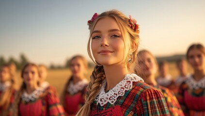 A beautiful blonde girl in a traditional folk dress smiles serenely in a field, surrounded by other girls in similar attire