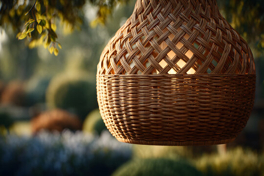 Close-up of a wicker lamp with a blurred garden background