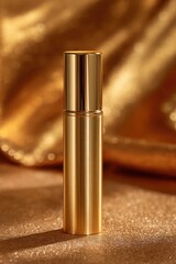 Golden bottle presents luxury on glittering backdrop