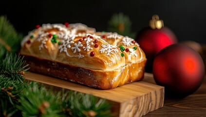 A delicious Christmas bread loaf, decorated with festive icing and sprinkles, sits on a wooden board near red ornaments and pine branches