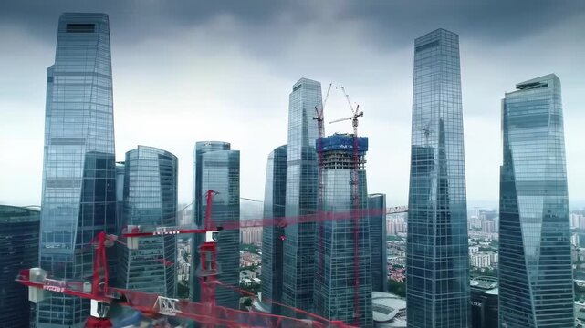 Modern Skyscrapers Under Construction in a Bustling Cityscape.