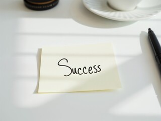 A simple sticky note displays the word success, sitting on a well-lit desk. A cup of coffee and a pen accompany it, creating an inspiring workspace for productivity.