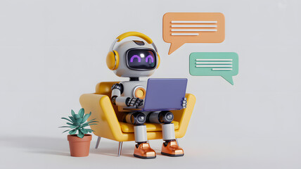 Fototapeta premium Robot sitting on chair with laptop and speech bubbles around