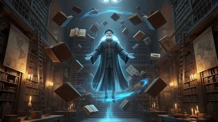 Magical wizard levitating with floating books in grand ancient library, mystical blue aura, old candlelit shelves, fantasy spellcaster, enchanting knowledge scene - Powered by Adobe