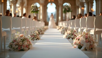 Elegant wedding aisle decorated with pink and white flower arrangements