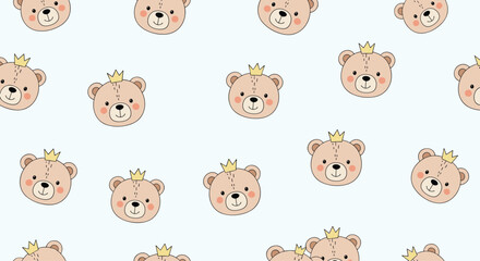 Naklejka premium Cute little teddy bear faces with golden crowns on a light blue background.