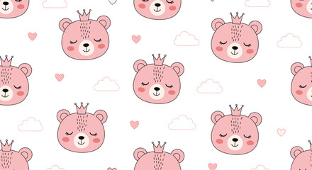 Obraz premium A cute pink bear with a crown and closed eyes surrounded by hearts and clouds.