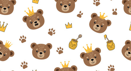 Cute teddy bear faces with crowns and paw prints pattern.