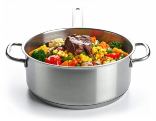 Beef and vegetable stew in stainless steel pot on white
