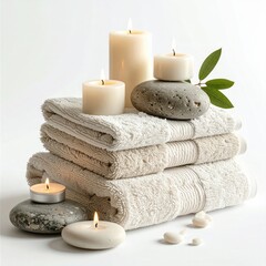 Stacked towels, candles, stones, & leaf on a light surface
