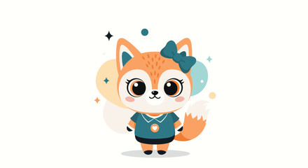 Fototapeta premium Adorable cartoon fox wearing a blue outfit and a bow in her hair.