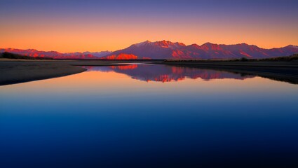 Naklejka premium Tranquil sunset over calm lake with mountain reflections