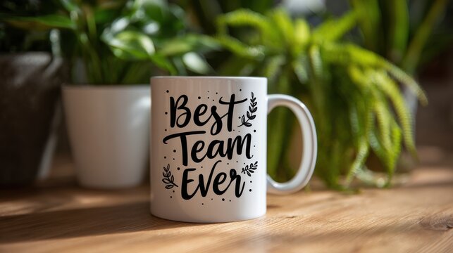 A High Resolution image of white mug with the words best team ever on a wooden table.