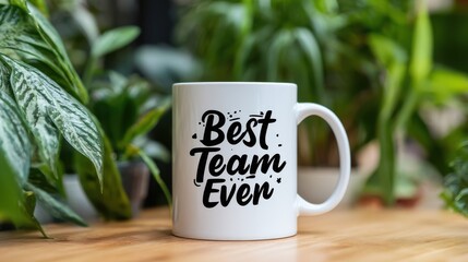 A High Resolution image of white mug with the words best team ever on a wooden table.