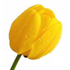 Dew-kissed yellow tulip bloom, petals tightly wrapped on white