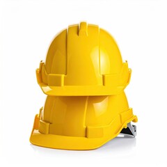 Stacked, shiny yellow hard hats on white