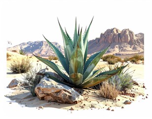 Desert agave amid rocks; dry landscape