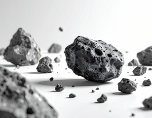 Gray asteroids scattered on bright, solid surface