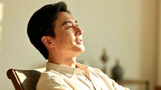Young adult asian man relaxing with eyes closed in warm morning light at home, peaceful self care and mindfulness moment for stress relief and mental wellness in a cozy living room