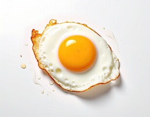 Fried egg with bright yolk, crisp edges on white background