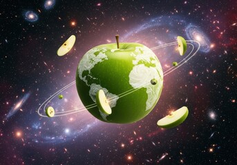 Naklejka premium A green apple with a map of the earth on it, surrounded by orbiting apple slices and stars in the vastness of space