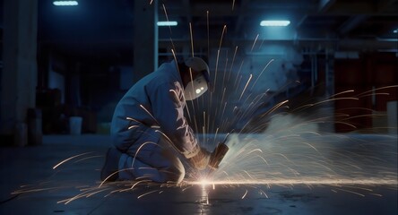 Industrial worker in protective gear grinds metal on a factory floor, creating a shower of bright sparks.