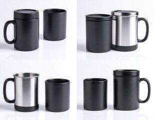 Mugs and tumbler in black and silver, handle and lid options